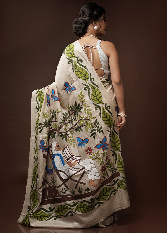 Cream Kantha Stitch Pure Silk Saree With Blouse Piece - Indian Silk House Agencies