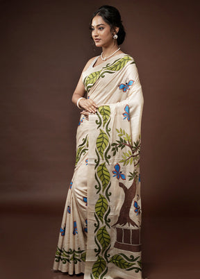 Cream Kantha Stitch Pure Silk Saree With Blouse Piece - Indian Silk House Agencies