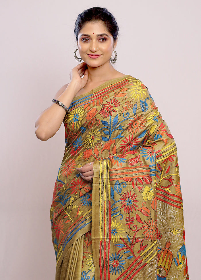 Green Kantha Stitch Pure Silk Saree With Blouse Piece - Indian Silk House Agencies