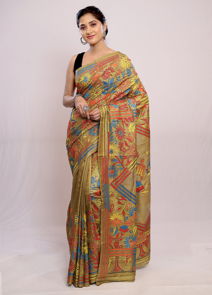 Green Kantha Stitch Pure Silk Saree With Blouse Piece - Indian Silk House Agencies