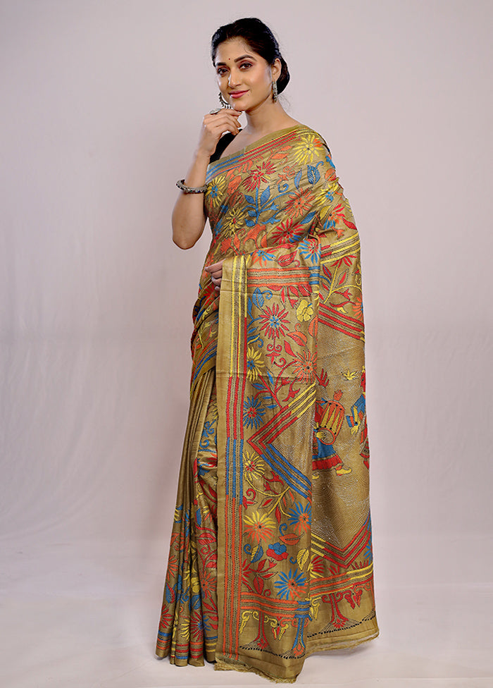 Green Kantha Stitch Pure Silk Saree With Blouse Piece - Indian Silk House Agencies