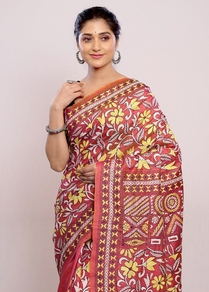 Pink Kantha Stitch Pure Silk Saree With Blouse Piece - Indian Silk House Agencies