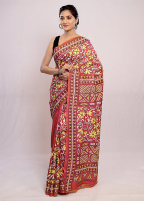 Pink Kantha Stitch Pure Silk Saree With Blouse Piece - Indian Silk House Agencies