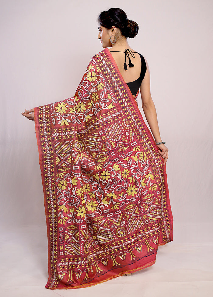 Pink Kantha Stitch Pure Silk Saree With Blouse Piece - Indian Silk House Agencies