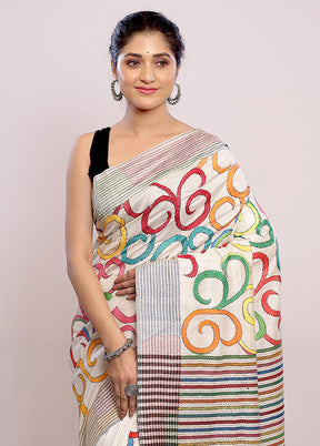 Cream Kantha Stitch Pure Silk Saree With Blouse Piece - Indian Silk House Agencies