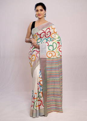 Cream Kantha Stitch Pure Silk Saree With Blouse Piece - Indian Silk House Agencies