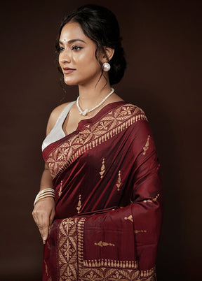 Maroon Kantha Stitch Pure Silk Saree With Blouse Piece - Indian Silk House Agencies