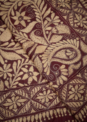 Maroon Kantha Stitch Pure Silk Saree With Blouse Piece - Indian Silk House Agencies