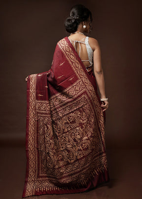 Maroon Kantha Stitch Pure Silk Saree With Blouse Piece - Indian Silk House Agencies