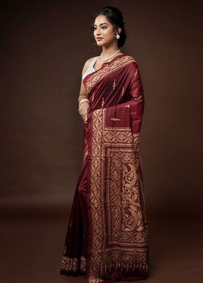 Maroon Kantha Stitch Pure Silk Saree With Blouse Piece - Indian Silk House Agencies