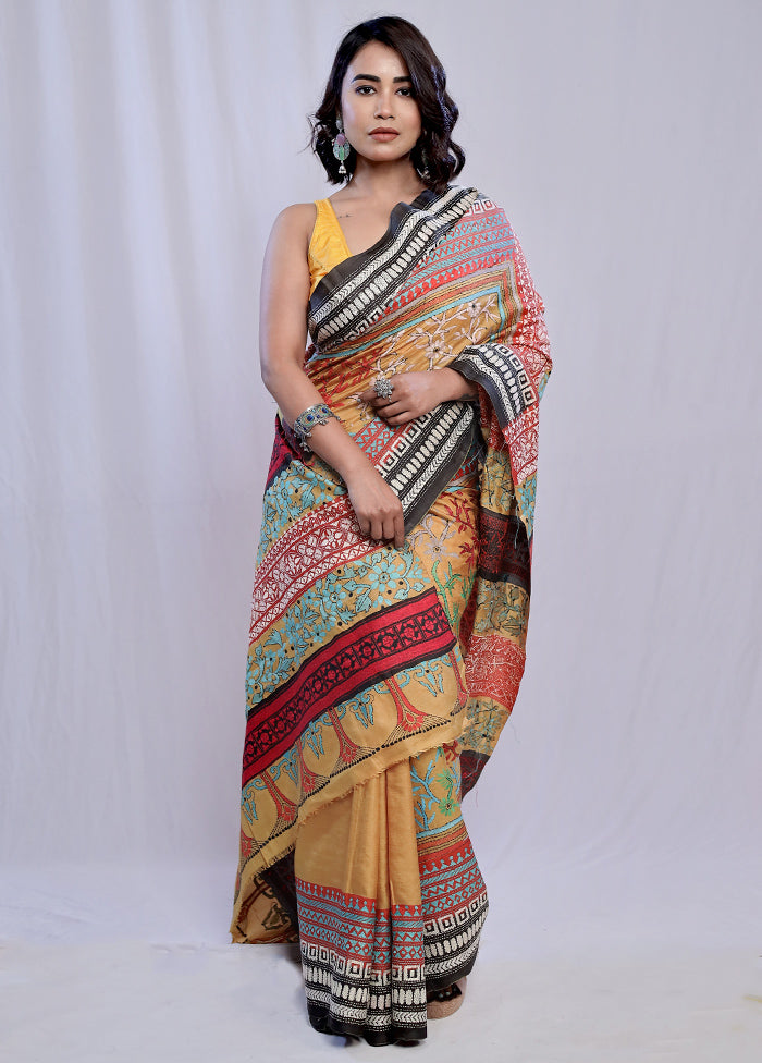 Yellow Kantha Stitch Pure Silk Saree With Blouse Piece - Indian Silk House Agencies