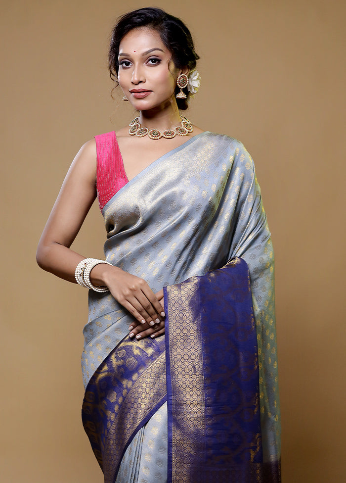 Grey Dupion Silk Saree With Blouse Piece