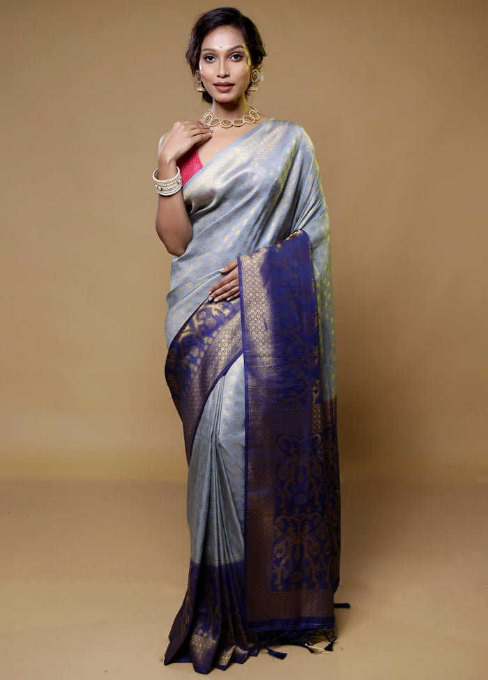 Grey Dupion Silk Saree With Blouse Piece