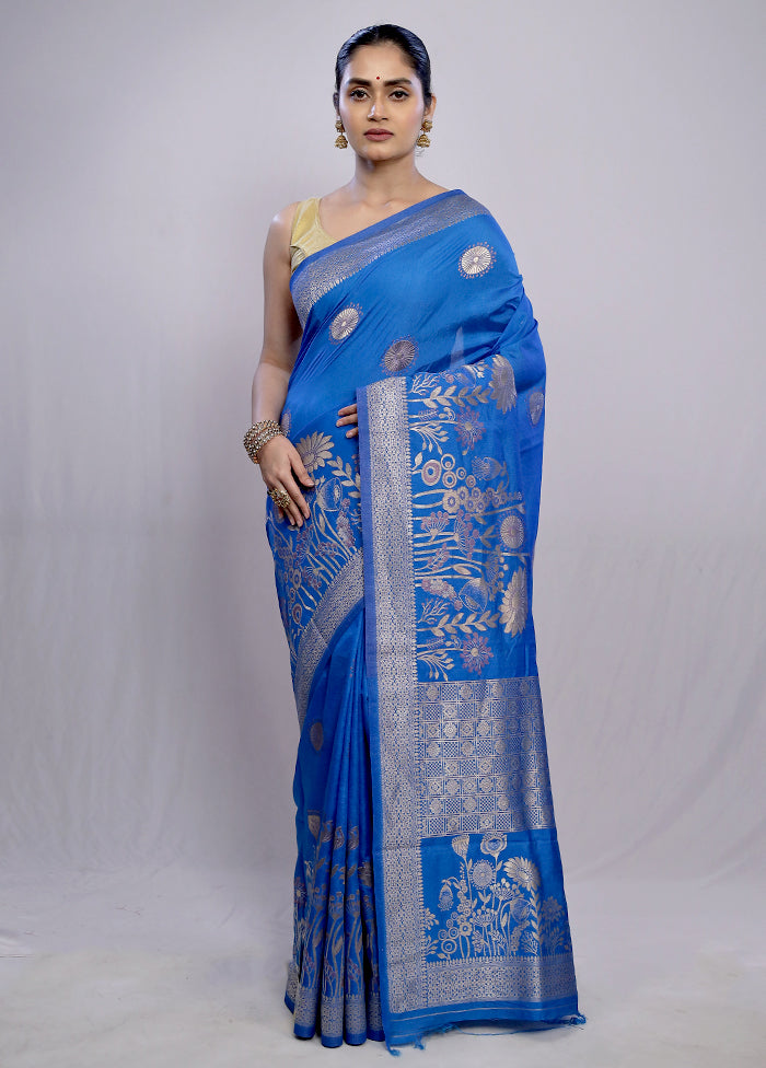 Blue Dupion Silk Saree With Blouse Piece - Indian Silk House Agencies