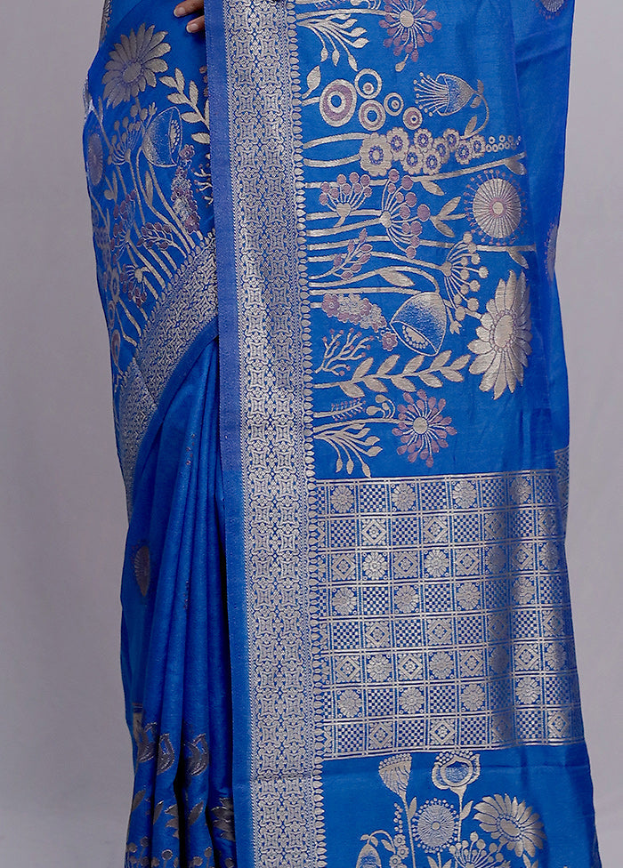 Blue Dupion Silk Saree With Blouse Piece - Indian Silk House Agencies