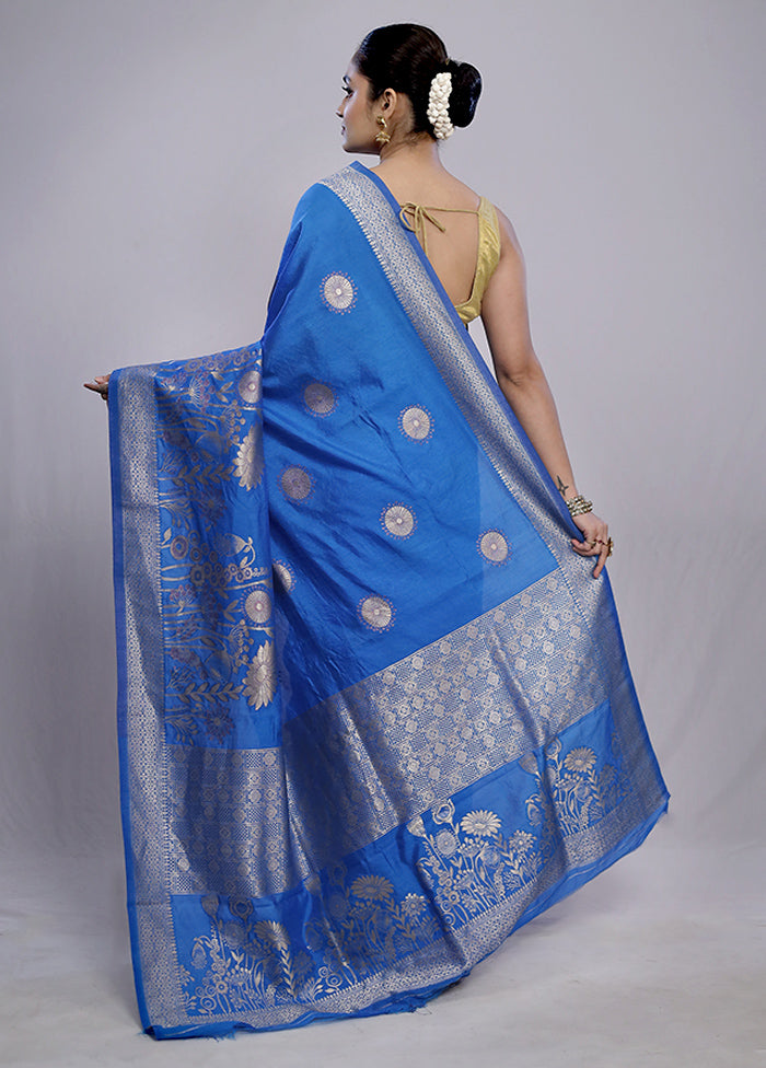 Blue Dupion Silk Saree With Blouse Piece - Indian Silk House Agencies