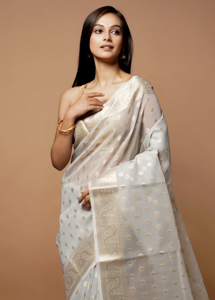 White Kora Silk Saree With Blouse Piece