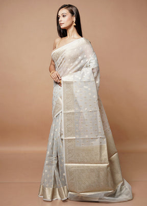 White Kora Silk Saree With Blouse Piece