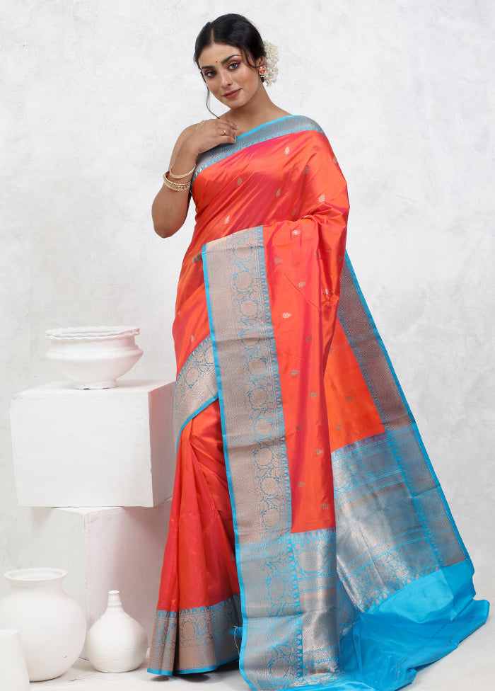 Orange Katan Pure Silk Saree With Blouse Piece - Indian Silk House Agencies