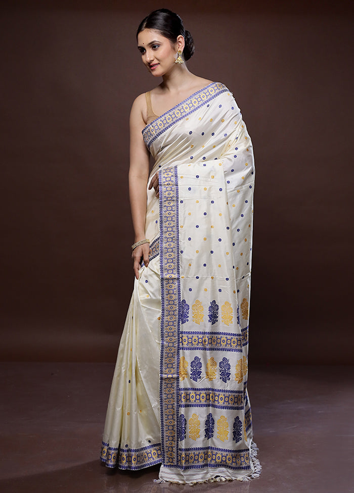 Cream Assam Pure Silk Saree With Blouse Piece - Indian Silk House Agencies