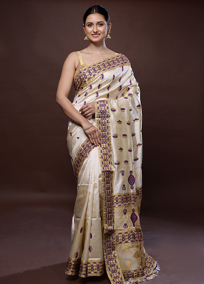 Cream Assam Pure Silk Saree With Blouse Piece - Indian Silk House Agencies