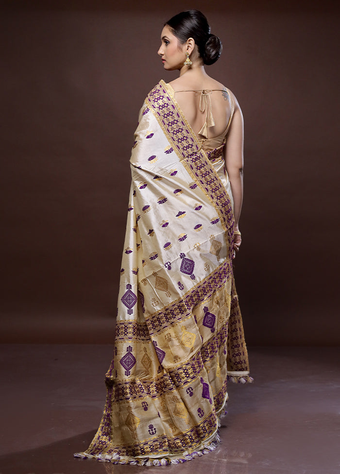 Cream Assam Pure Silk Saree With Blouse Piece - Indian Silk House Agencies