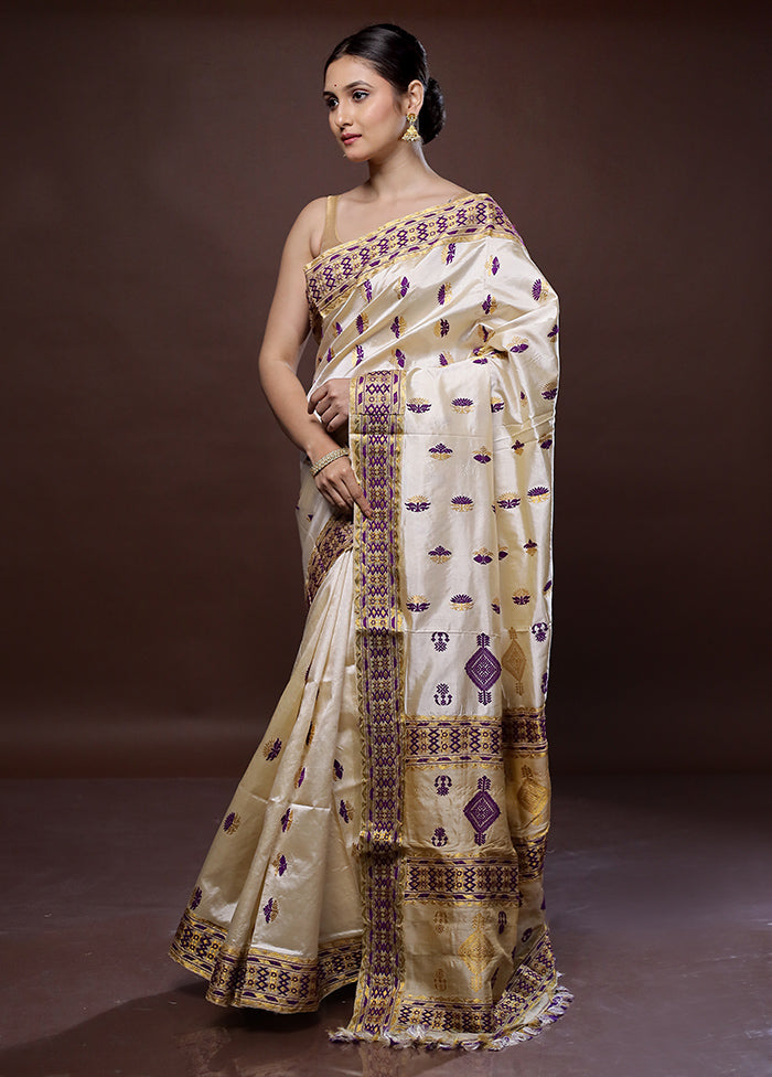 Cream Assam Pure Silk Saree With Blouse Piece - Indian Silk House Agencies