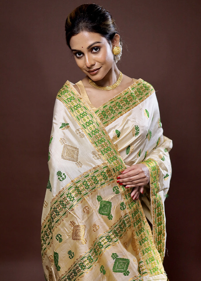 Cream Assam Pure Silk Saree With Blouse Piece - Indian Silk House Agencies