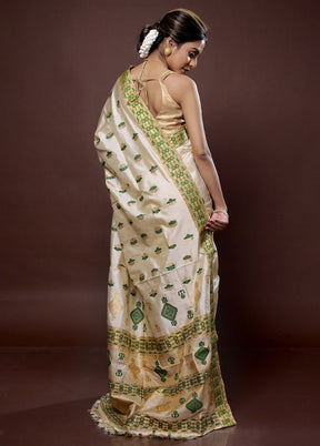 Cream Assam Pure Silk Saree With Blouse Piece - Indian Silk House Agencies