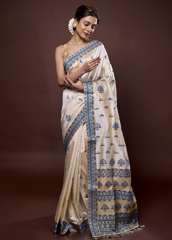 Cream Assam Pure Silk Saree With Blouse Piece - Indian Silk House Agencies