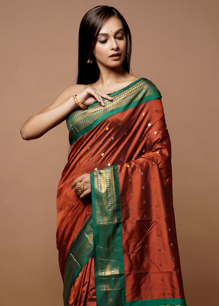 Rust Kanjivaram Silk Saree With Blouse Piece