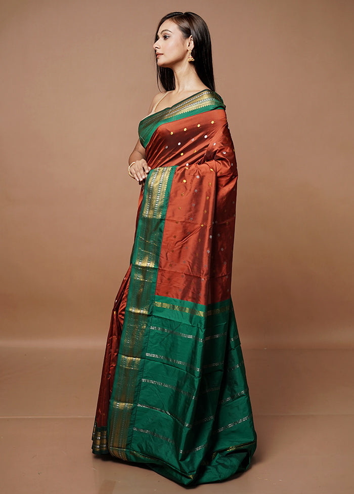 Rust Kanjivaram Silk Saree With Blouse Piece