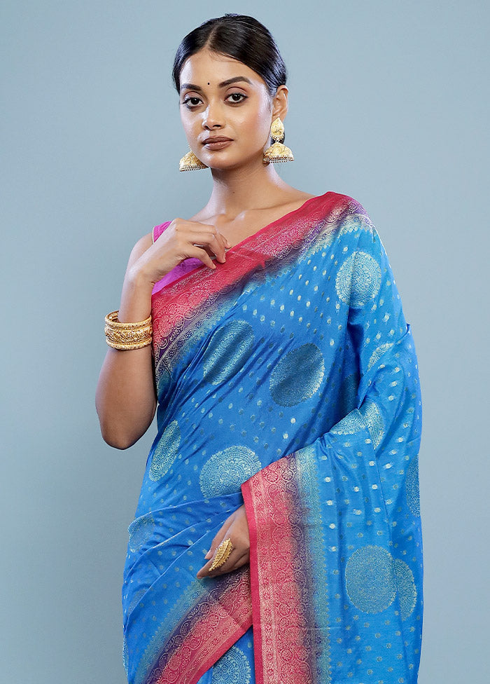 Blue Dupion Silk Saree With Blouse Piece - Indian Silk House Agencies