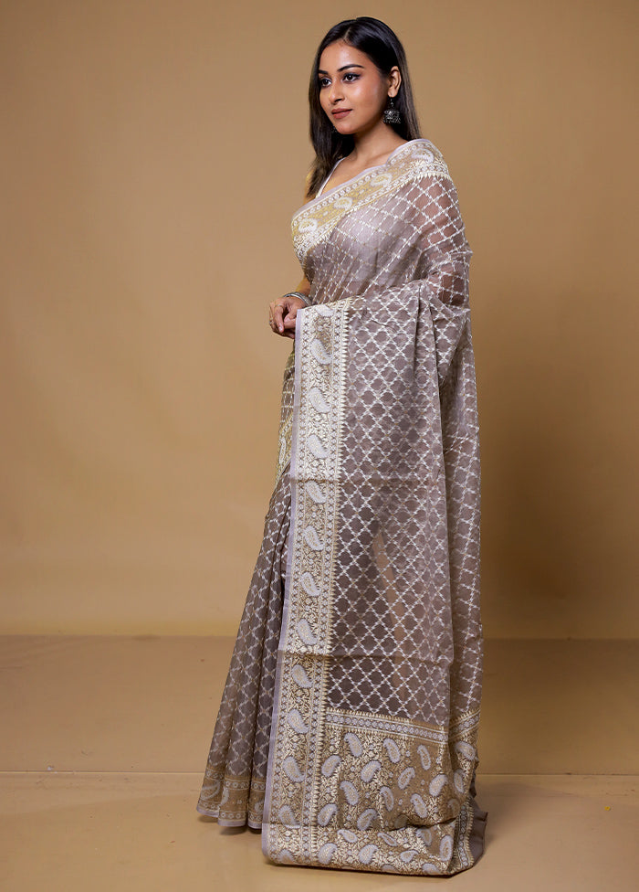 Grey Kora Silk Saree With Blouse Piece