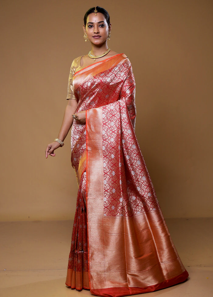 Red Handloom Katan Pure Silk Saree With Blouse Piece