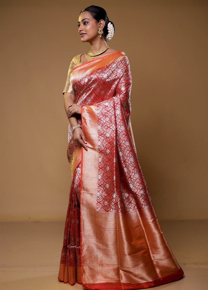 Red Handloom Katan Pure Silk Saree With Blouse Piece