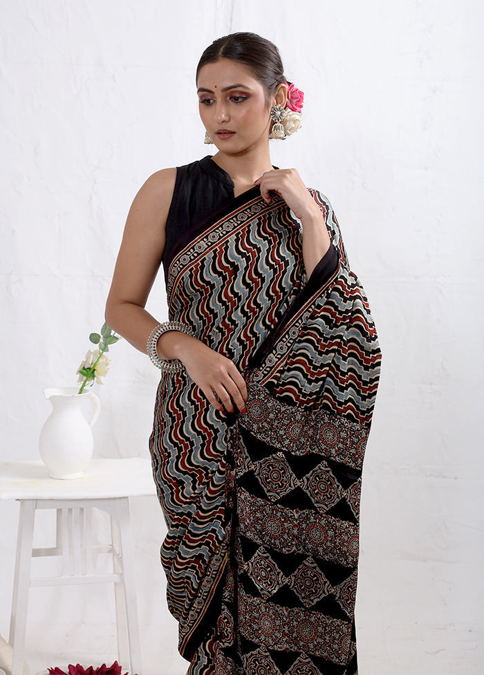 Black Printed Pure Silk Saree With Blouse Piece - Indian Silk House Agencies