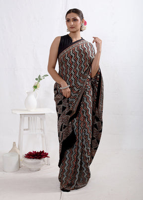 Black Printed Pure Silk Saree With Blouse Piece - Indian Silk House Agencies