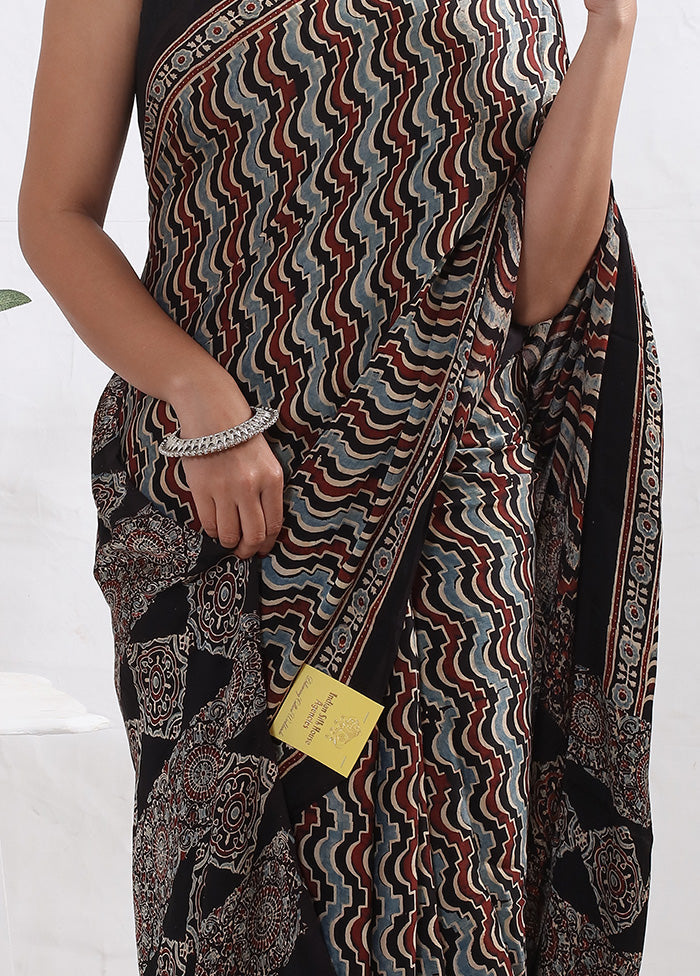 Black Printed Pure Silk Saree With Blouse Piece - Indian Silk House Agencies