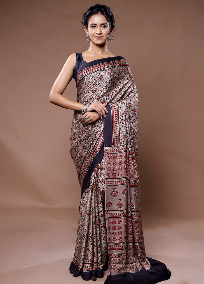 Grey Printed Pure Silk Saree With Blouse Piece - Indian Silk House Agencies