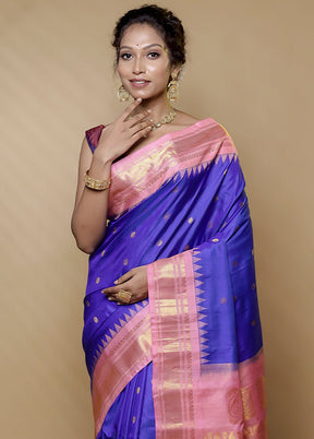 Blue Gadwal Pure Silk Saree Without Blouse Piece