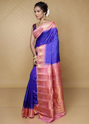 Blue Gadwal Pure Silk Saree Without Blouse Piece