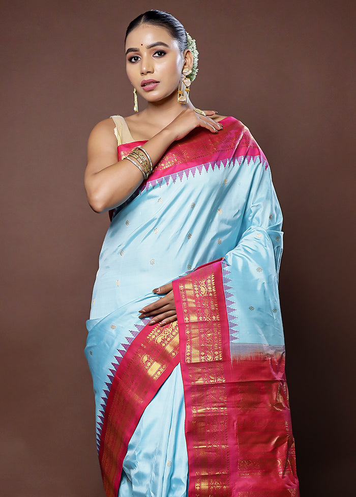 Blue Gadwal Pure Silk Saree Without Blouse Piece