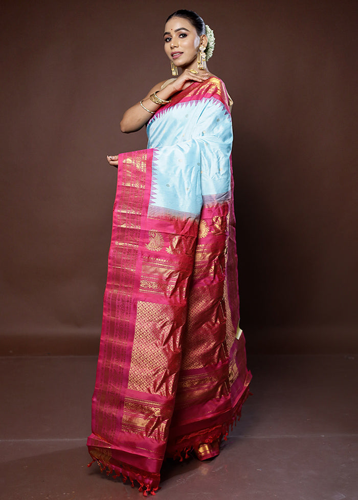 Blue Gadwal Pure Silk Saree Without Blouse Piece