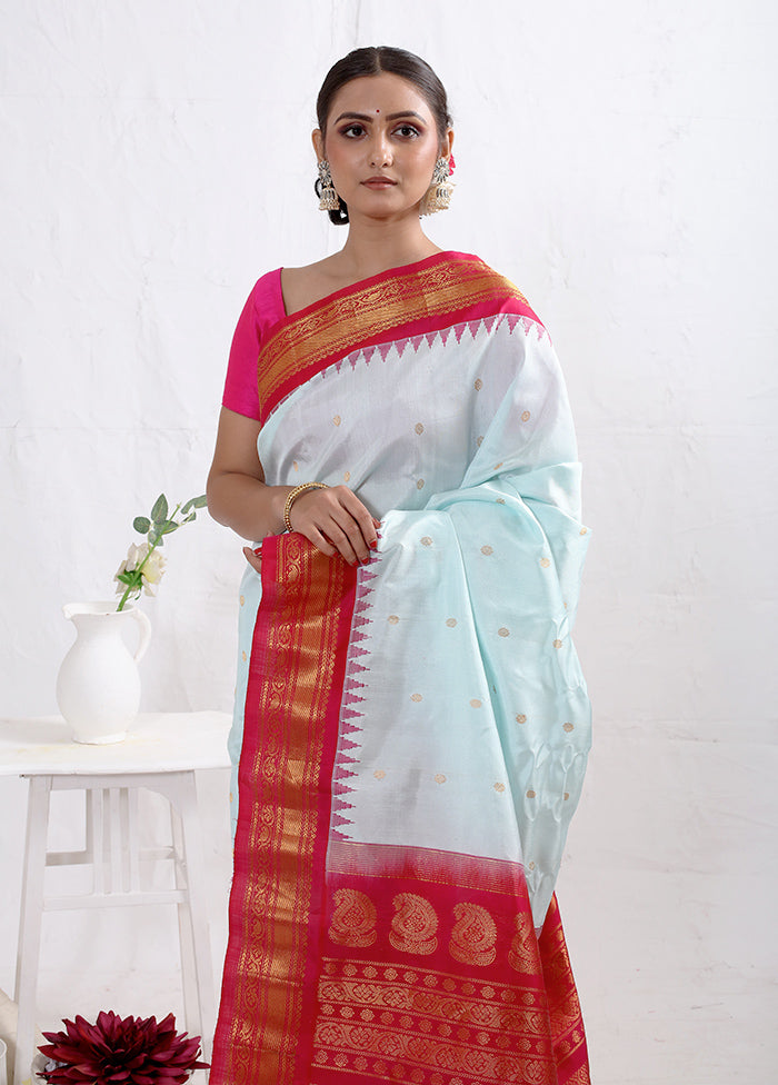 Blue Gadwal Pure Silk Saree Without Blouse Piece