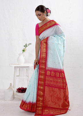 Blue Gadwal Pure Silk Saree Without Blouse Piece