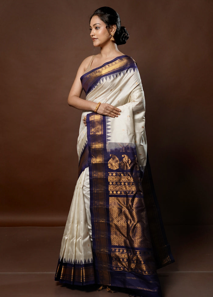 Cream Gadwal Pure Silk Saree Without Blouse Piece