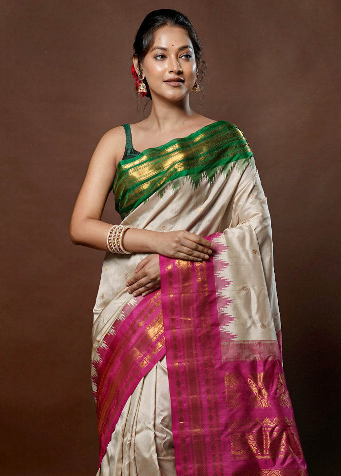 Cream Gadwal Pure Silk Saree Without Blouse Piece