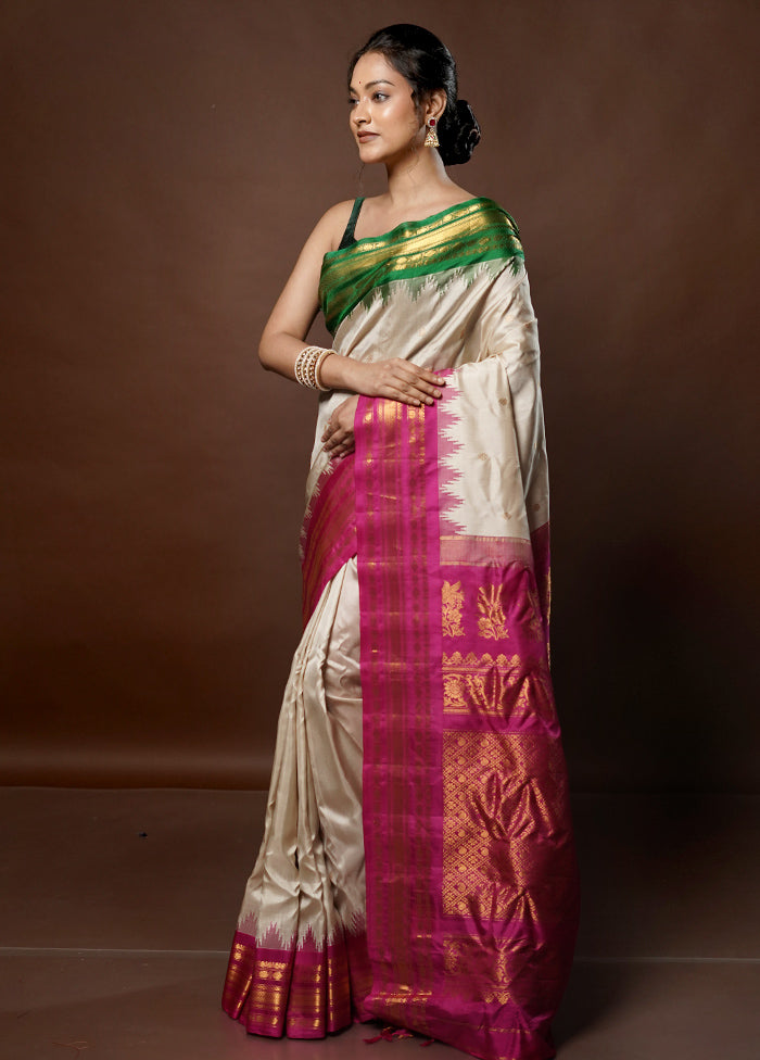 Cream Gadwal Pure Silk Saree Without Blouse Piece