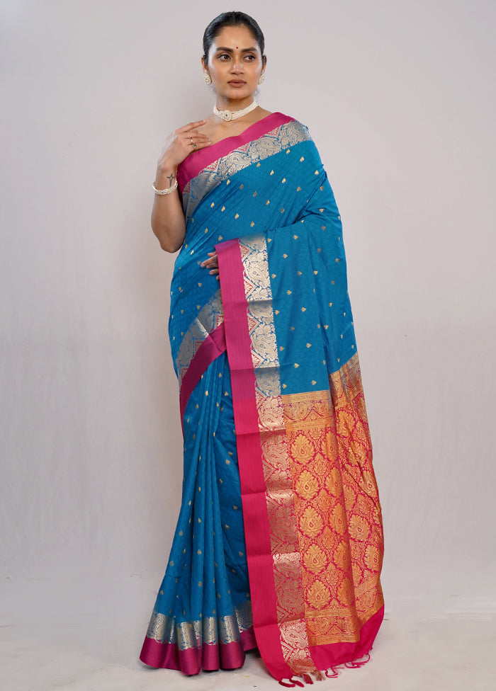 Blue Kanjivaram Silk Saree With Blouse Piece - Indian Silk House Agencies